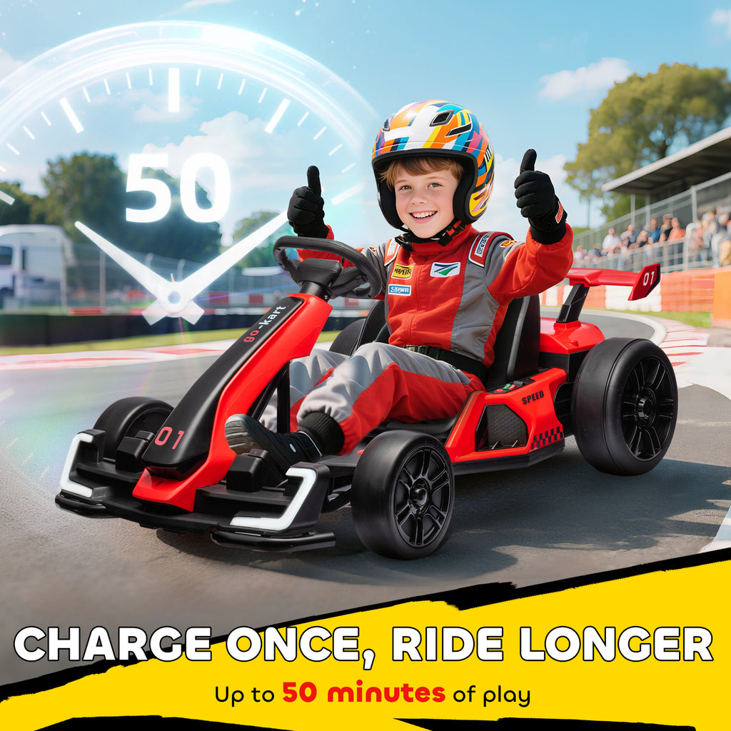 HOMCOM Go-Kart voor Kinderen, Elektrisch Kart met Toeter en Muziekfunctie, Verstelbare Stoel, tot 12 km/u, Kunststof, Metaal, Rood