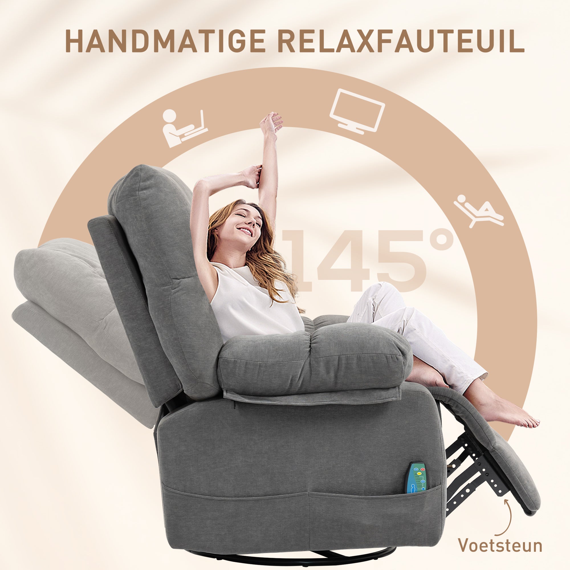 HOMCOM Relaxstoel met Massage- en Ligfunctie, Draaibare Massagestoel, 4 zijzakken en Afstandsbediening, Donkergrijs