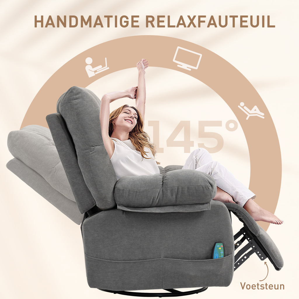 HOMCOM Relaxstoel met Massage- en Ligfunctie, Draaibare Massagestoel, 4 zijzakken en Afstandsbediening, Donkergrijs