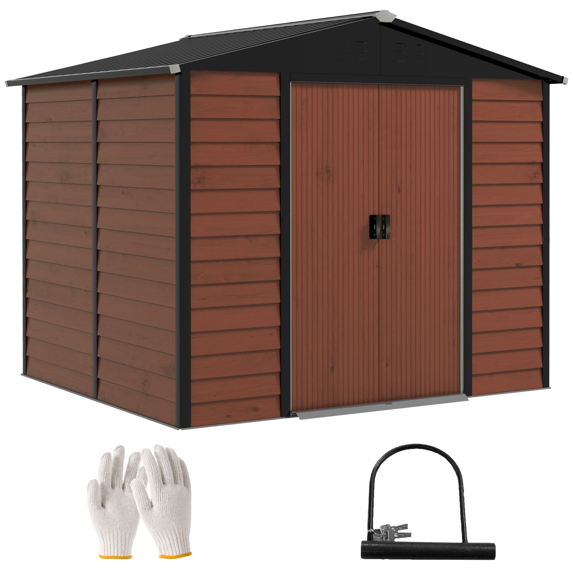 Outsunny Metalen Tuinschuur, Weerbestendig & Roestvrij, Afsluitbaar, 2,40 x 2,06 x 1,98 m, Teak