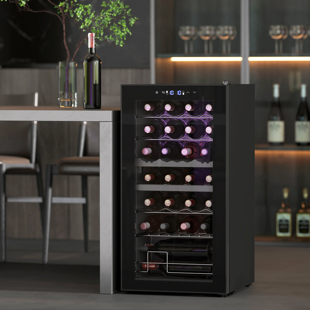 HOMCOM Kleine Wijnkoelkast voor 28 Flessen, 74 Liter, Glazen Deur, LED-Verlichting, Touch-Screen