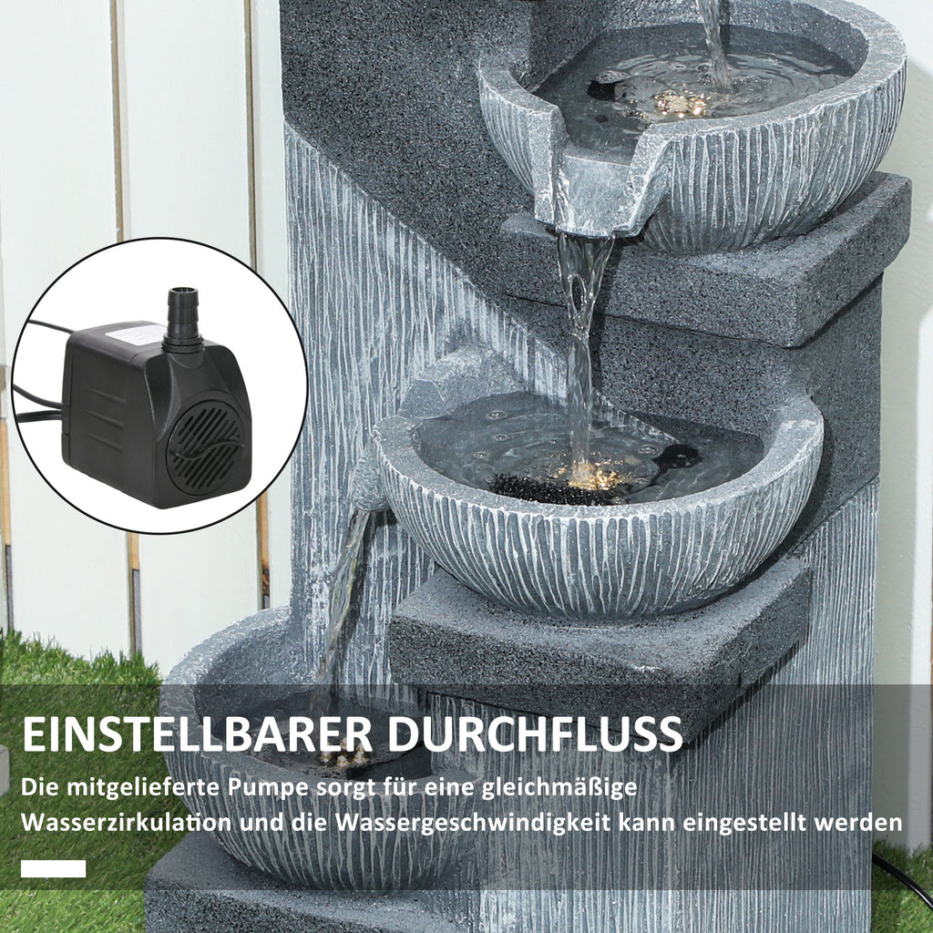 Outsunny 85 cm Outdoor Fontein, 4-Verdiepingen Sierfontein, Kunstmatige Waterval met LED-verlichting en Pomp, Grijs