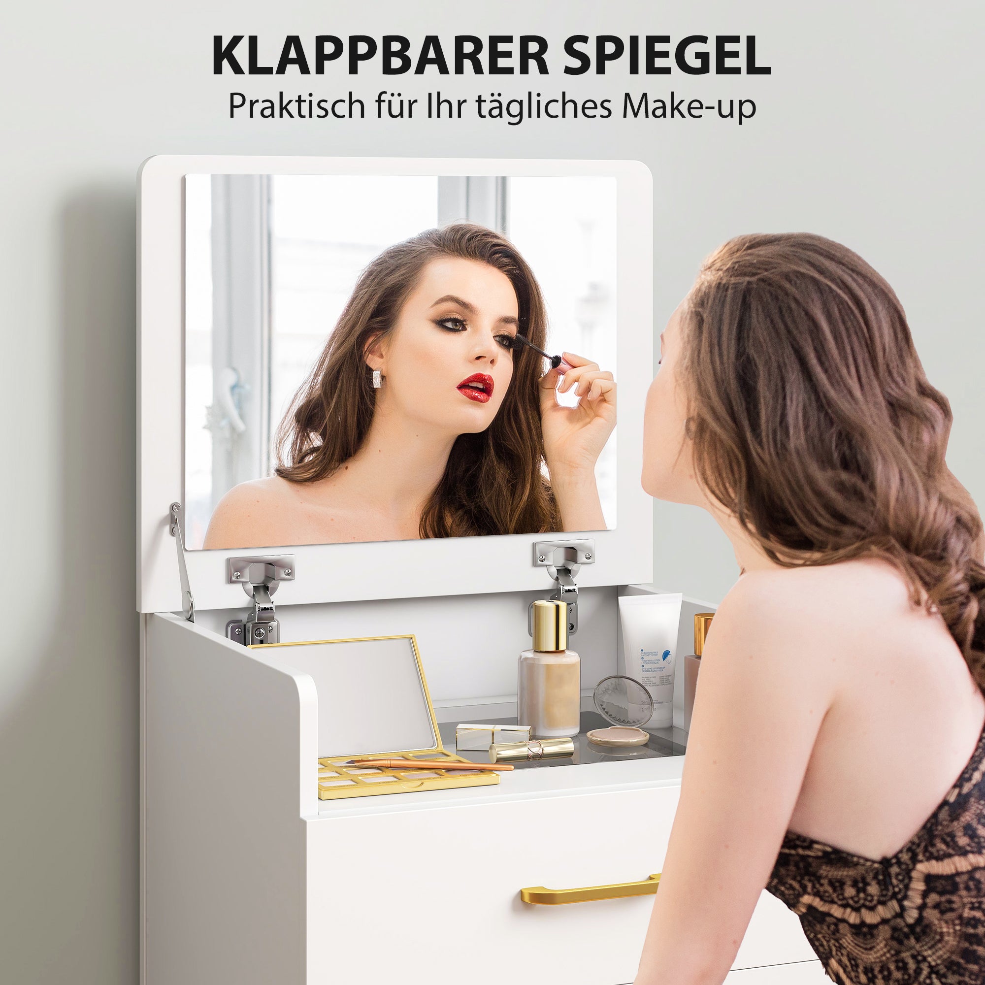 HOMCOM 3-in-1 Make-uptafel met Spiegel, Nachtkastje, Rollende Kruk, Lades, Wit