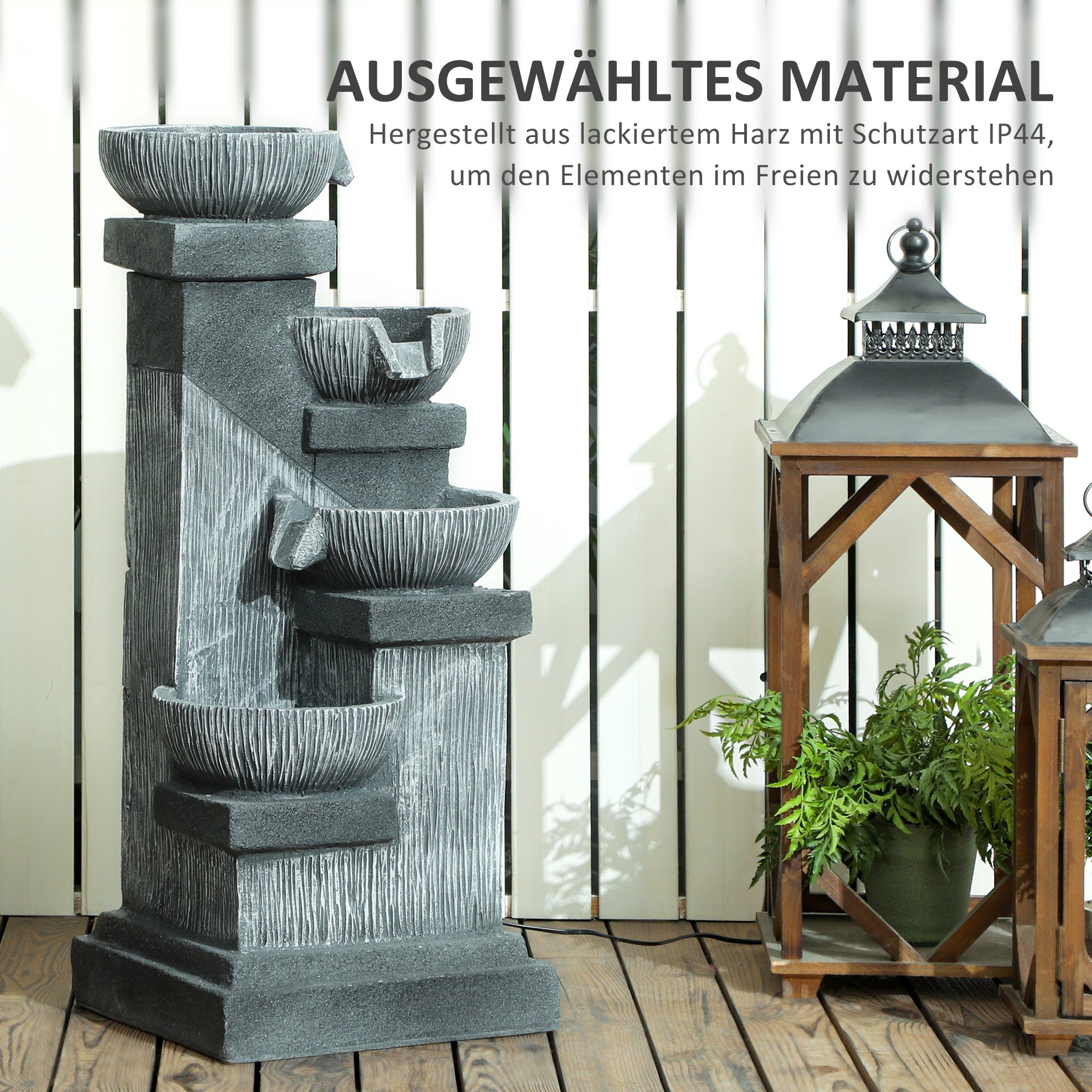 Outsunny 85 cm Outdoor Fontein, 4-Verdiepingen Sierfontein, Kunstmatige Waterval met LED-verlichting en Pomp, Grijs