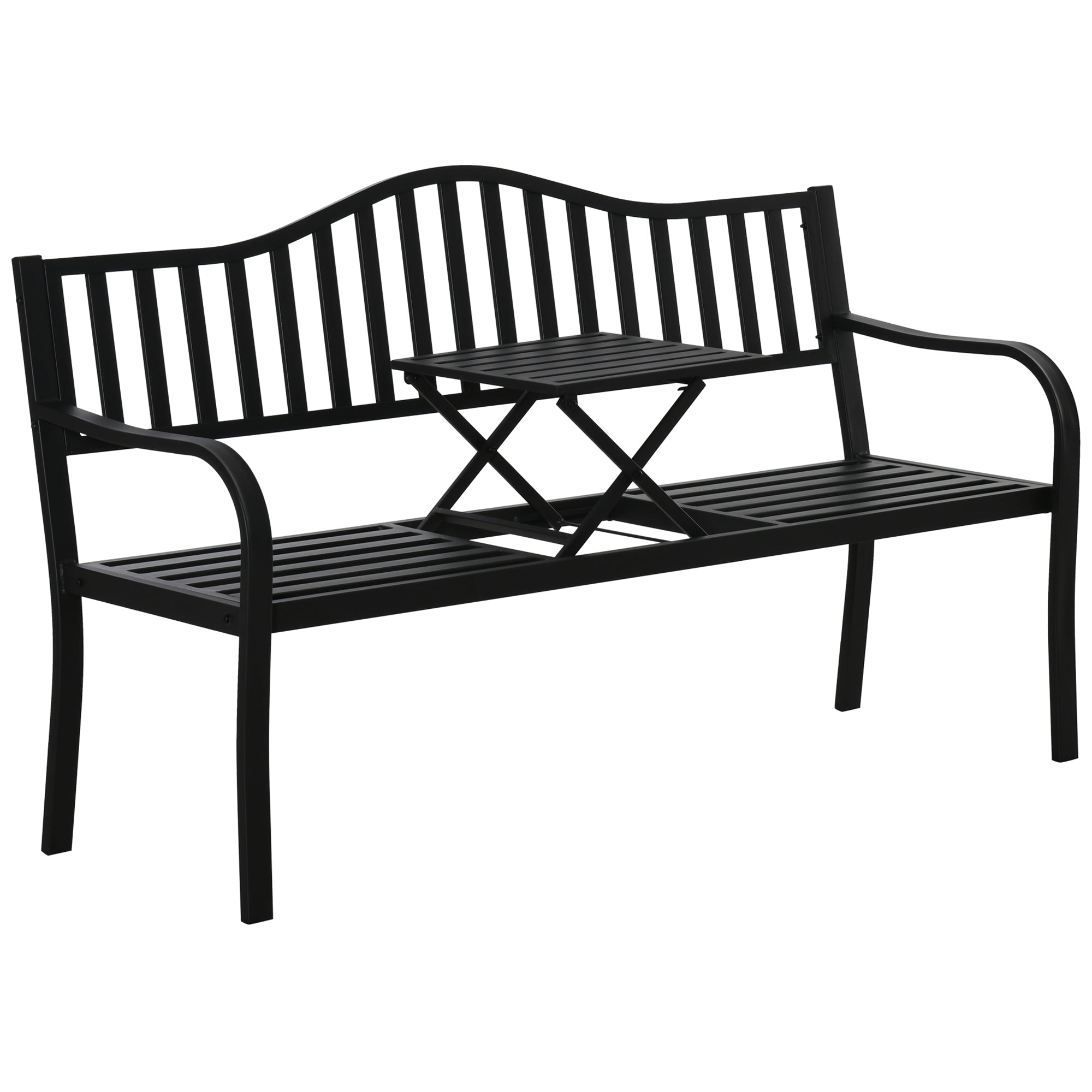 Outsunny Tuinbank met uitschuifbare tafel voor 2-3 personen Metalen parkbank Zitbank Terrasbank met rugleuning en armleuningen Tuinmeubels Zwart 150 x 58.5 x 90 cm