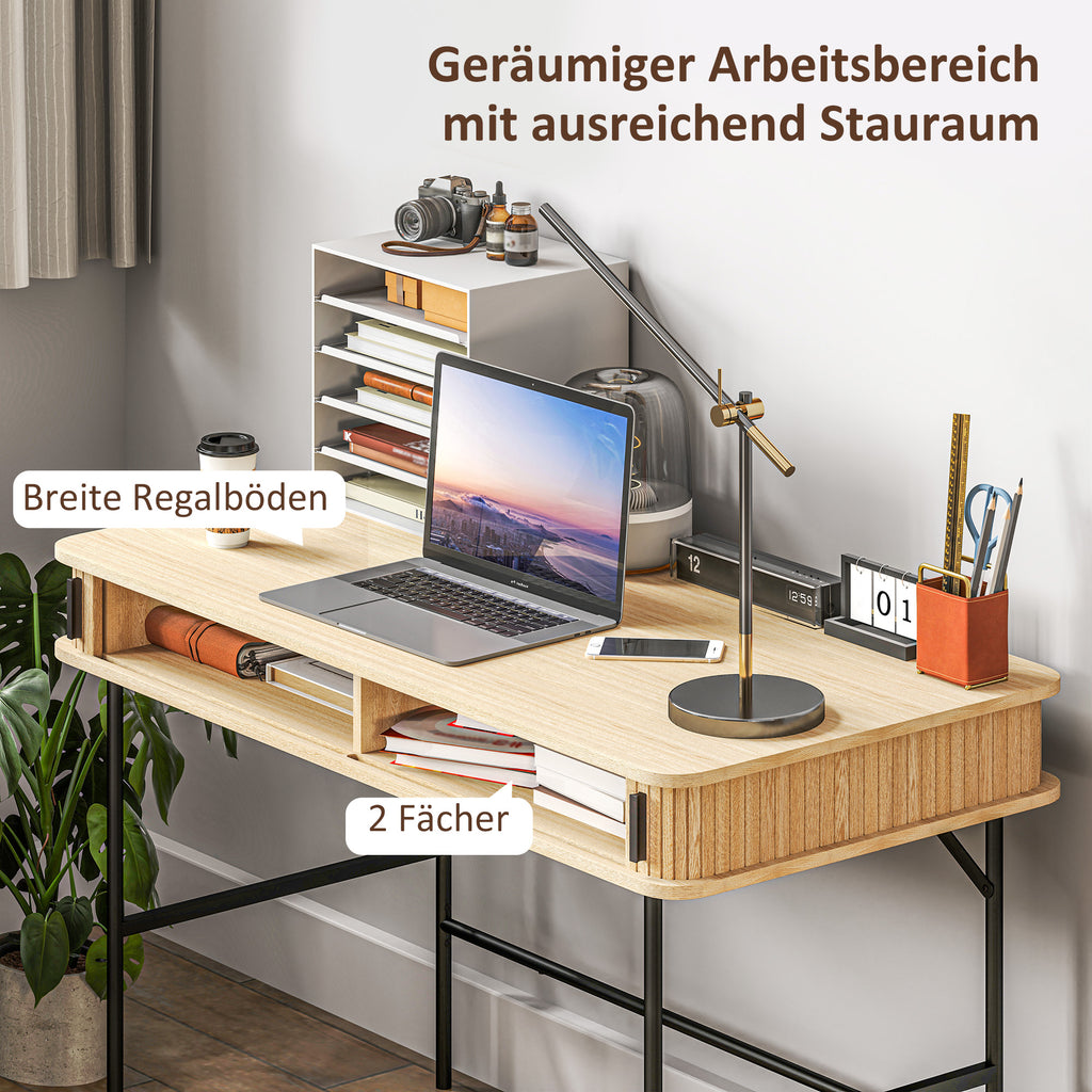HOMCOM Bureau, Retrostijl, Lamellendecor, Opbergvakken, Stalen Poten, 120 x 60 x 76,5 cm, Eik/Zwart