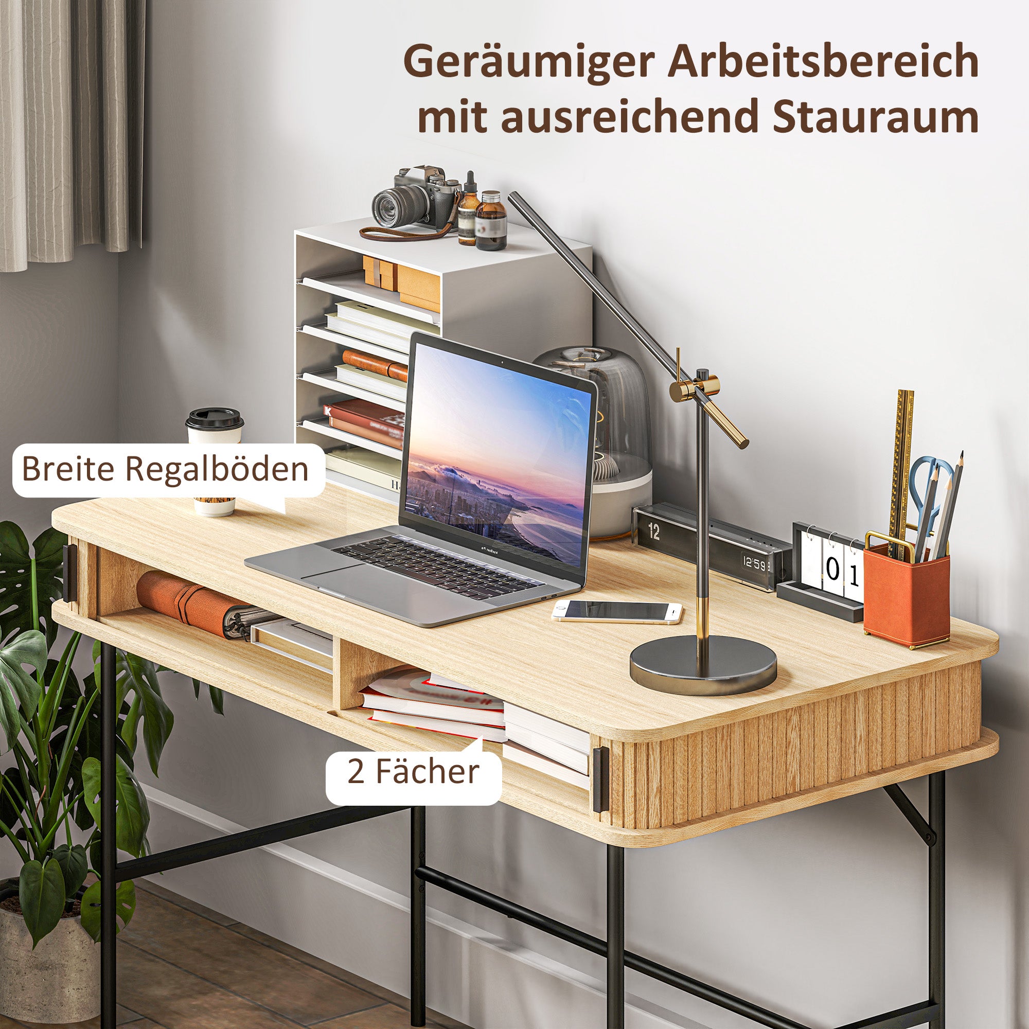 HOMCOM Bureau, Retrostijl, Lamellendecor, Opbergvakken, Stalen Poten, 120 x 60 x 76,5 cm, Eik/Zwart
