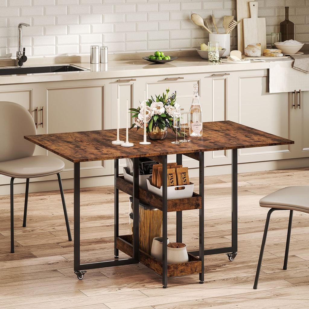 HOMCOM Inklapbare Eettafel in Industrieel Ontwerp, voor tot 4 Personen, Open Schappen, Flexibel, Metaal, Spaanplaat, Bruin