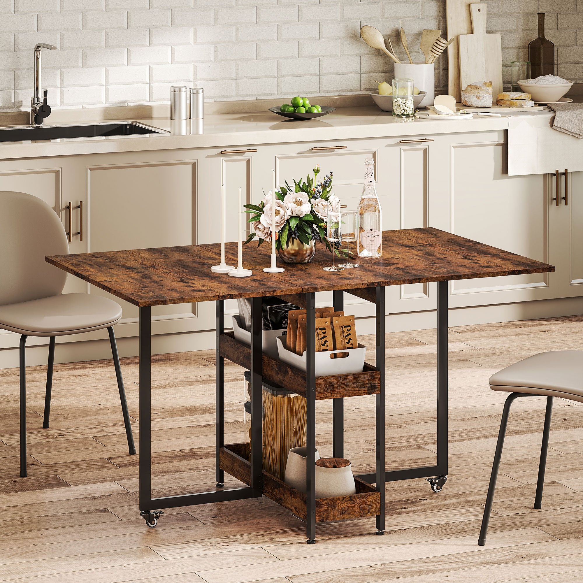 HOMCOM Inklapbare Eettafel in Industrieel Ontwerp, voor tot 4 Personen, Open Schappen, Flexibel, Metaal, Spaanplaat, Bruin