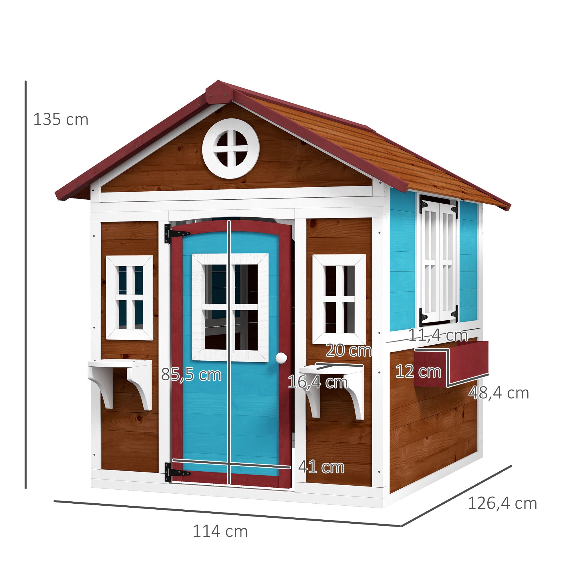 Outsunny Kinderspeelhuis van hout voor buiten, met ramen, bloempotten, ideaal voor kinderen van 3-8 jaar, Blauw