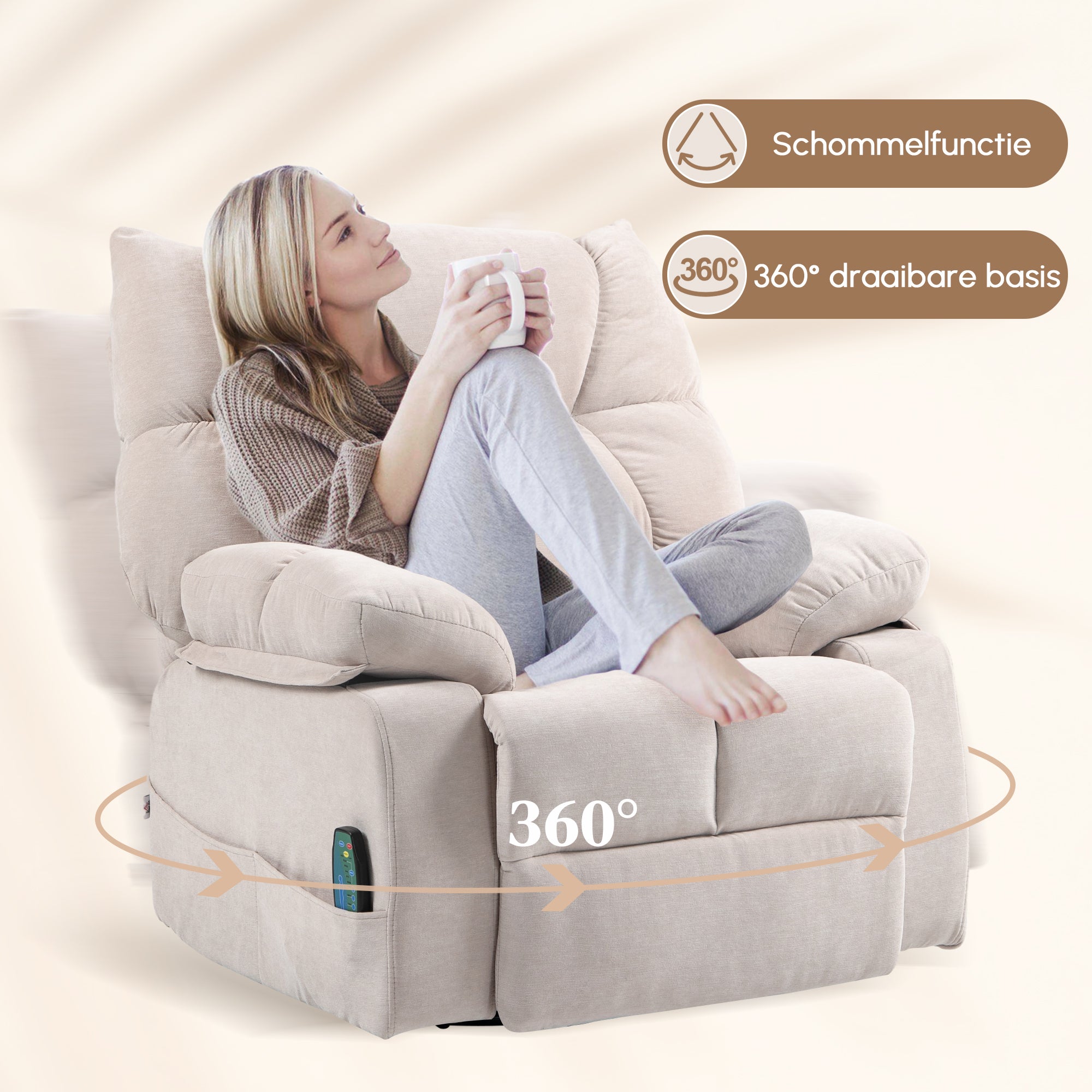 HOMCOM Massagestoel met Verwarmings- & Ligfunctie, Draaibaar, tot 150 kg, Metaal Frame, 98x90x98cm, Beige