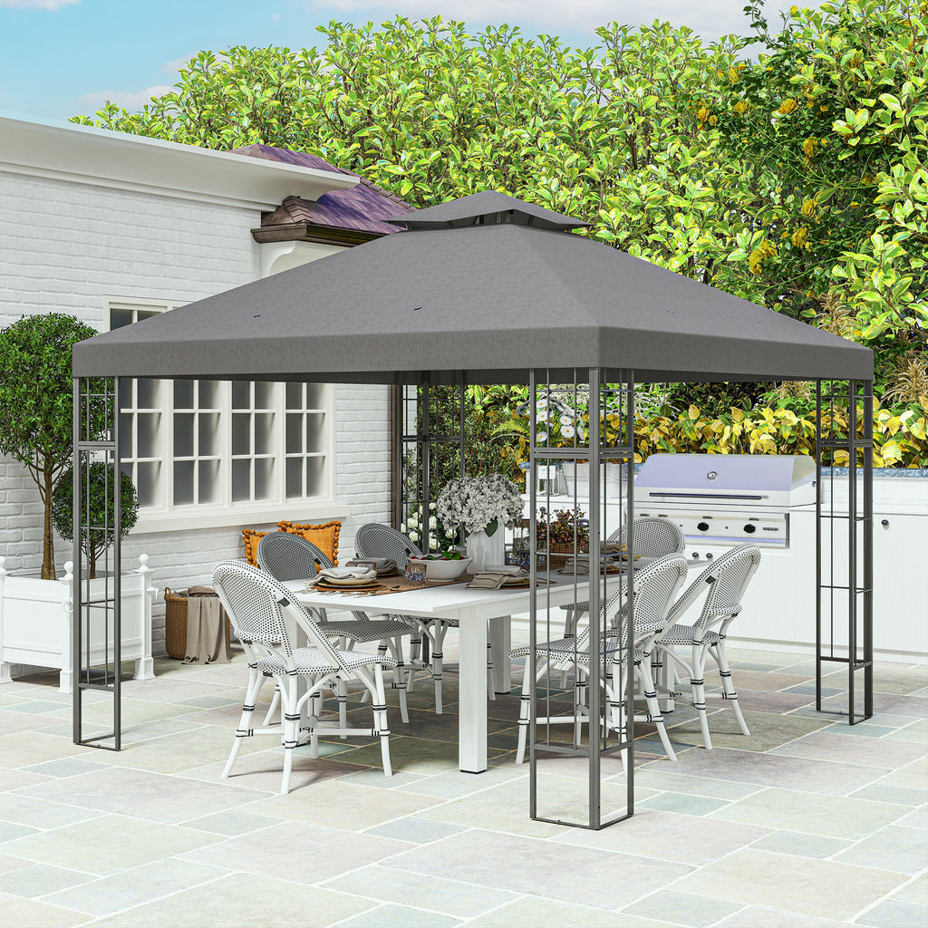 Outsunny 3 x 3 m Tuinpaviljoen, 2-Laags Dakontwerp, UV30+ Bescherming, UV-bestendig, Zonbescherming, Metalen Frame, Donkergrijs