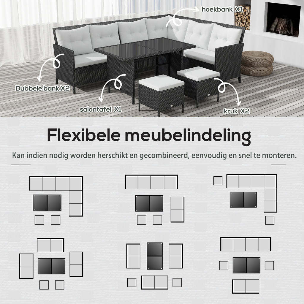 Outsunny 18-delige poly-rotan zitgroep bankstel tuinset fauteuil krukkenset