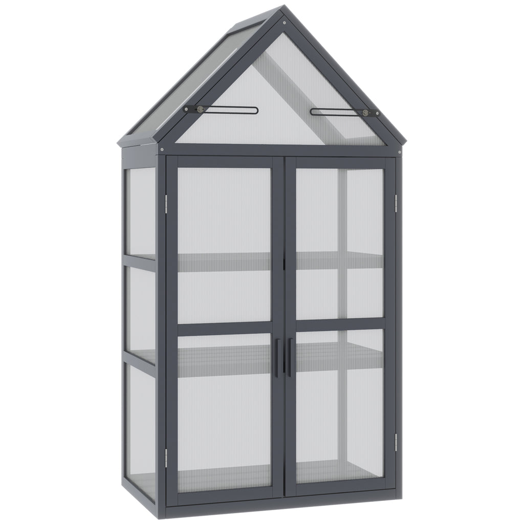 Outsunny kas met 3 planken, massief hout, behuizing van polycarbonaat, grijs, 70,5 x 42 x 132 cm