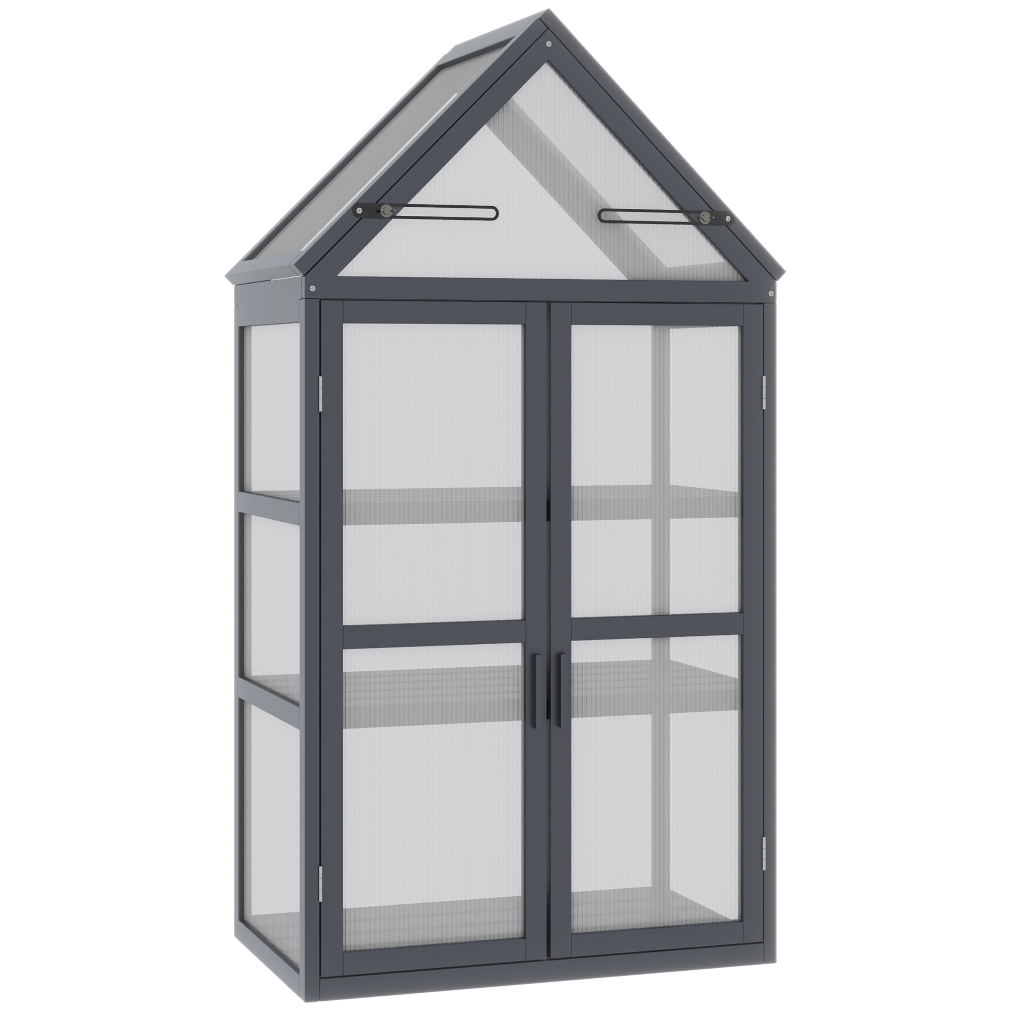 Outsunny kas met 3 planken, massief hout, behuizing van polycarbonaat, grijs, 70,5 x 42 x 132 cm