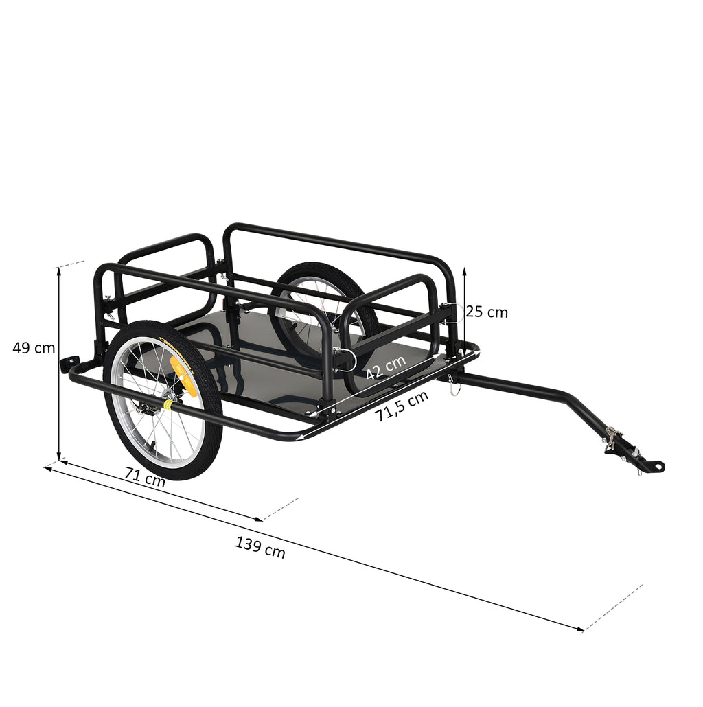 HOMCOM Fietskar Aanhangwagen voor fiets 40 kg laadvermogen Transportkar Handkar Trekhaak Staal Zwart 139 x 71,5 x 49 cm