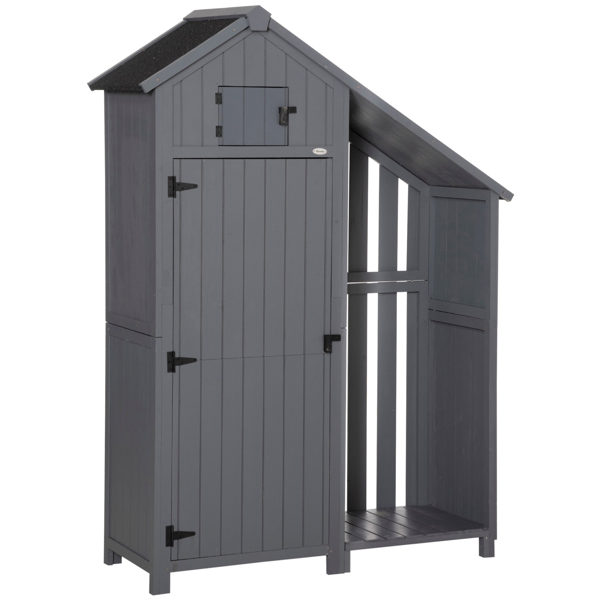 Outsunny tuinhuis gereedschapshuis gereedschapsschuur met opslagruimte voor brandhout gereedschapsschuur met 3 planken, grijs,130 x 54,5 x 180 cm