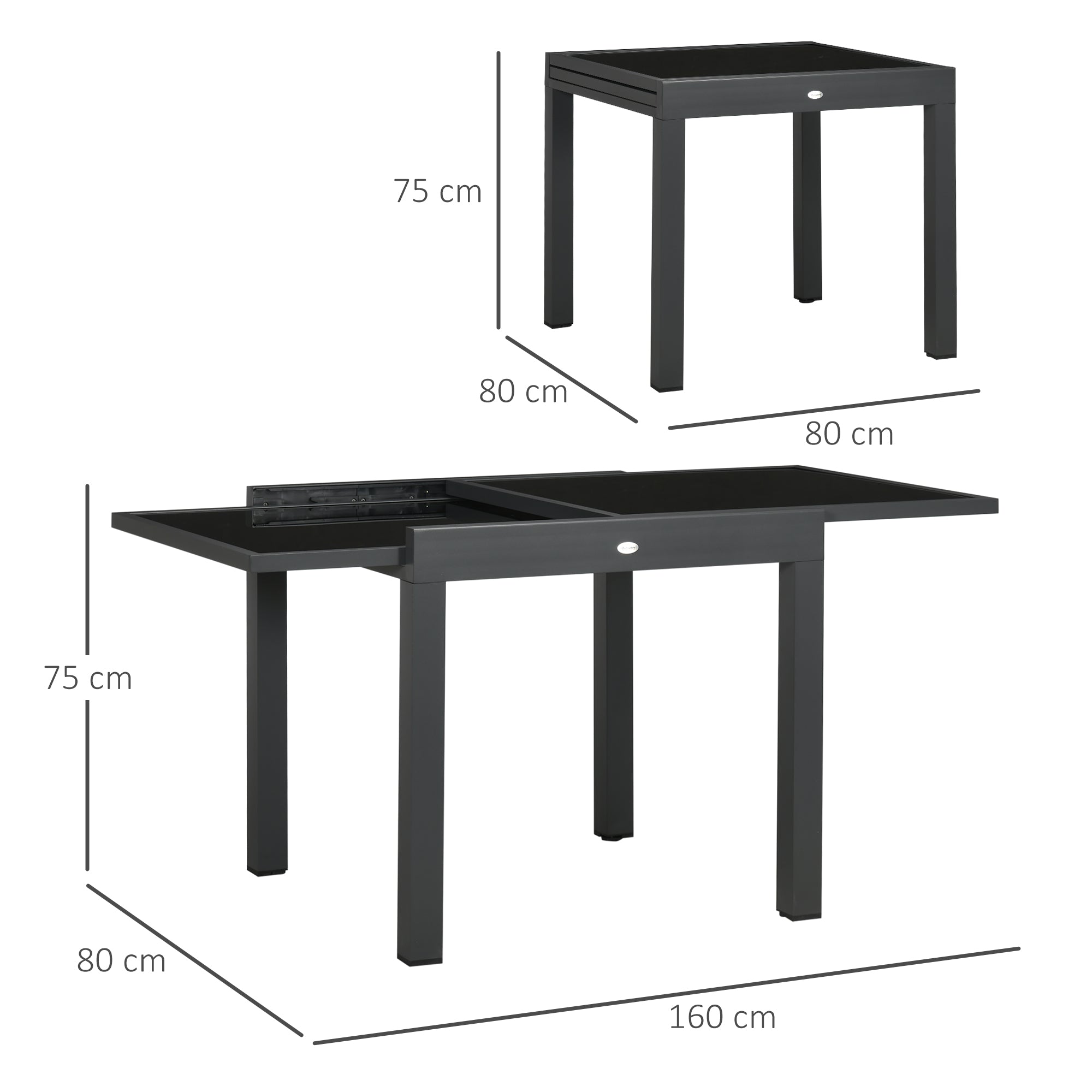 Outsunny Uitklapbare buitentafel voor in de tuin, uitbreidbaar, weerbestendig, 160 cm × 80 cm × 75 cm, zwart