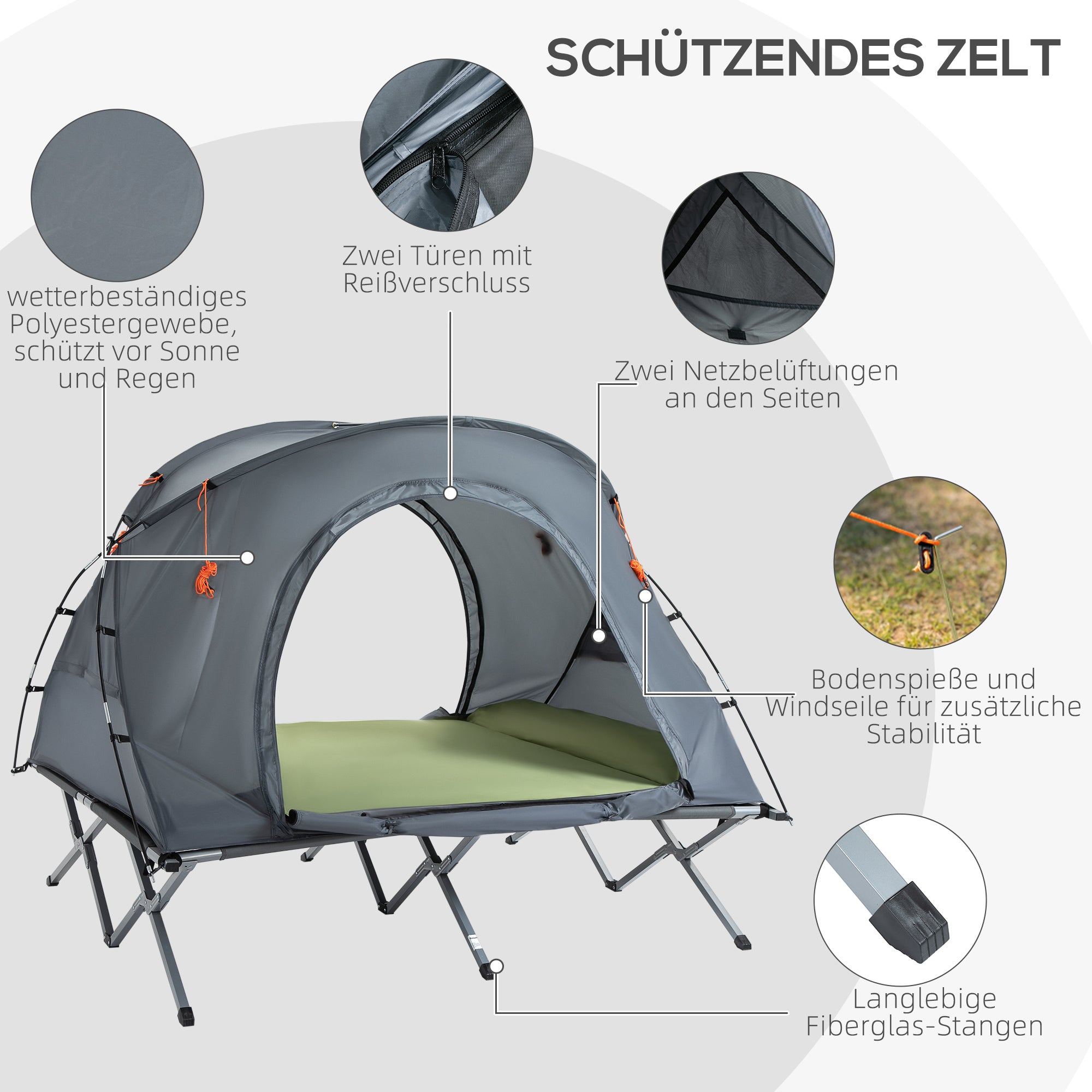 Outsunny campingbed met tent, verhoogd campingbed voor 2 persoon, koepeltent met luchtbed, inclusief draagtas, grijs 200 x 146 x 159 cm