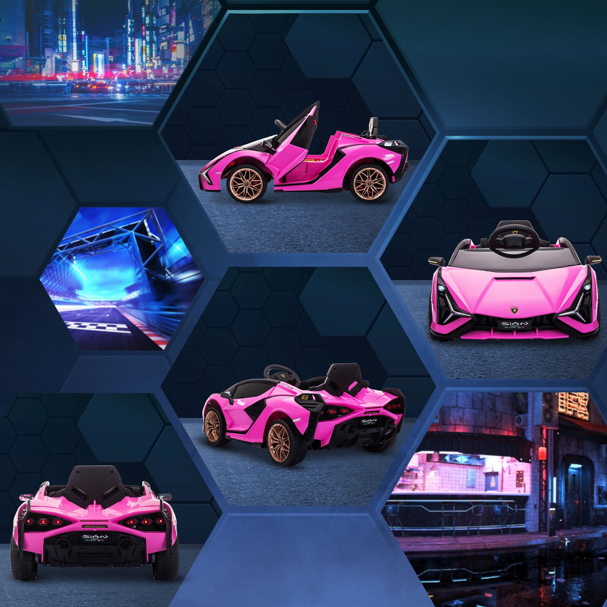 HOMCOM Kinder Elektrische Auto, Lamborghini, 3-5 km/u, Afstandsbediening, voor 3-5 Jaar, Roze
