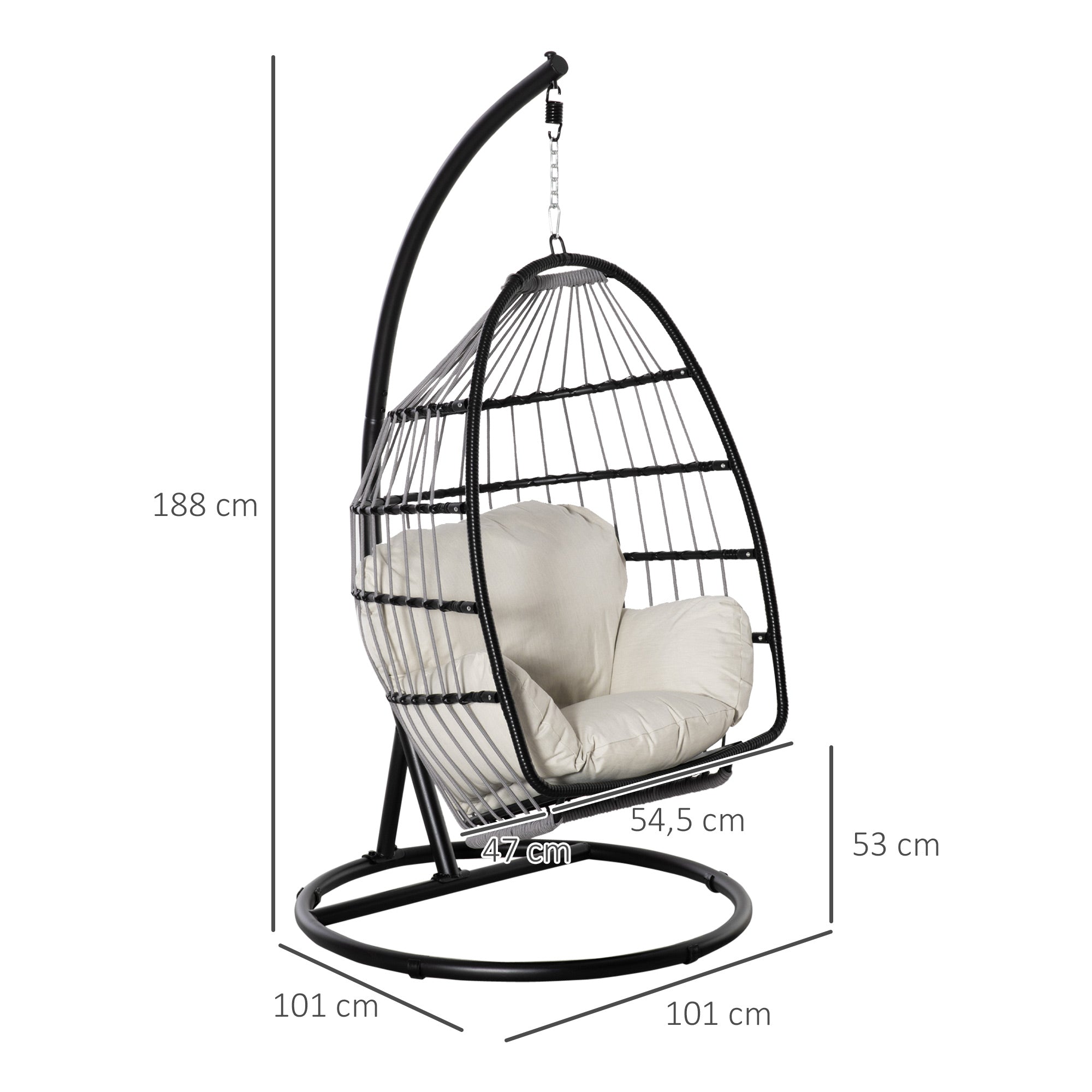 Outsunny hangstoel hangmand met frame hangende schommel hangstoel met kussenmand opvouwbaar metaal zwart + crème wit 101 x 101 x 188 cm