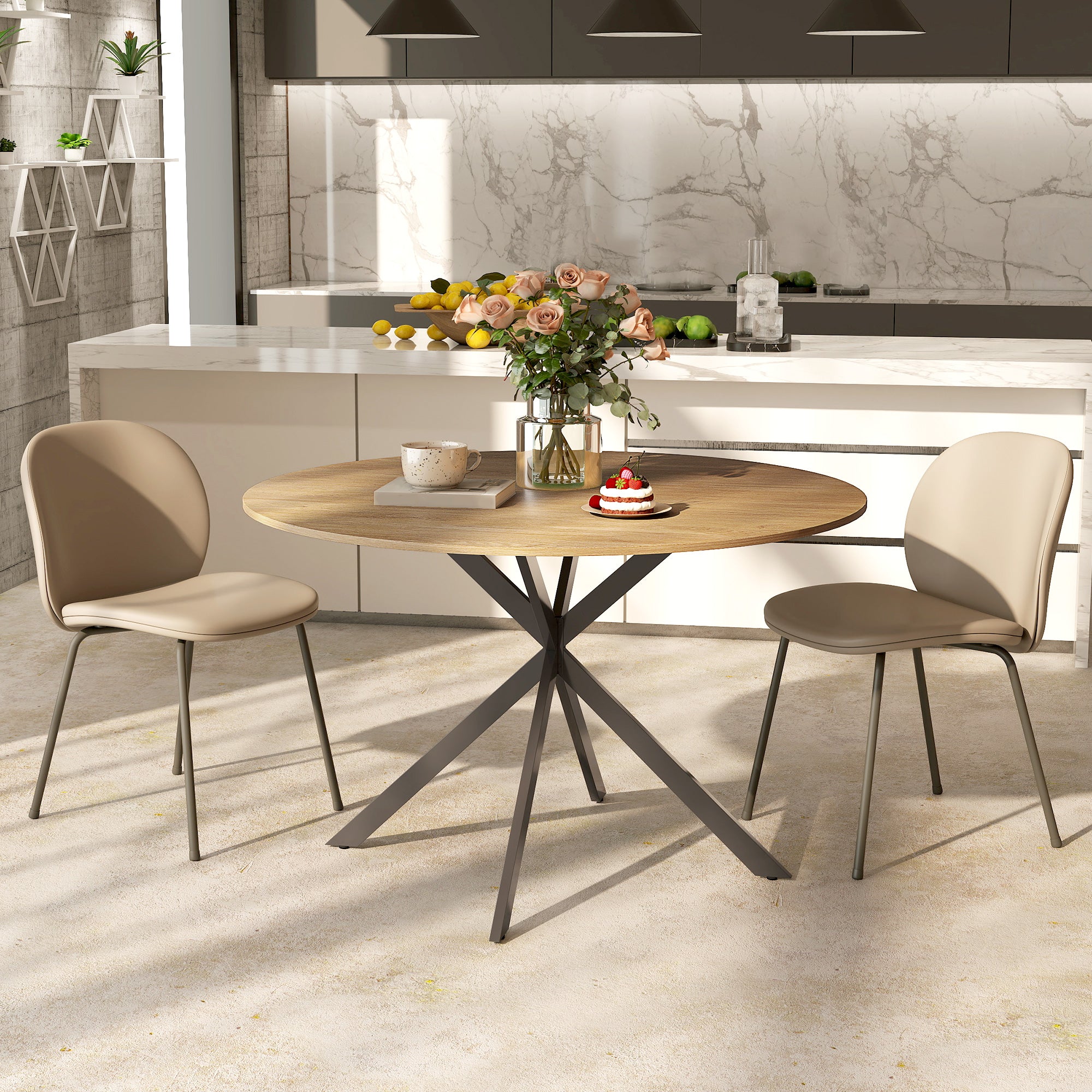 HOMCOM Ronde Eettafel voor 4 Personen, Keukentafel in Industriële Stijl met Stalen Poten, voor Eetkamer, Keuken, Eiken