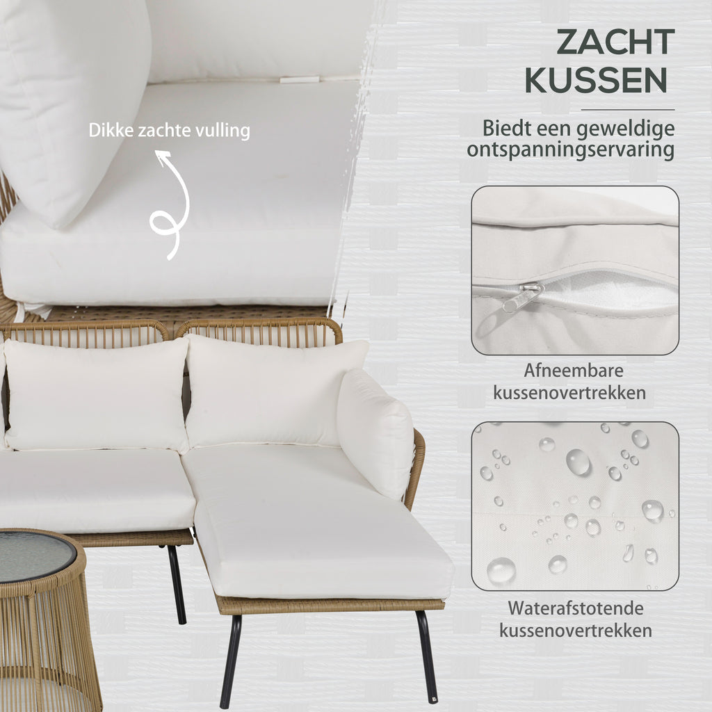 Outsunny Buitenbank L-vormige Rattan Bank Zwembad Tuin Koffie En Crème
