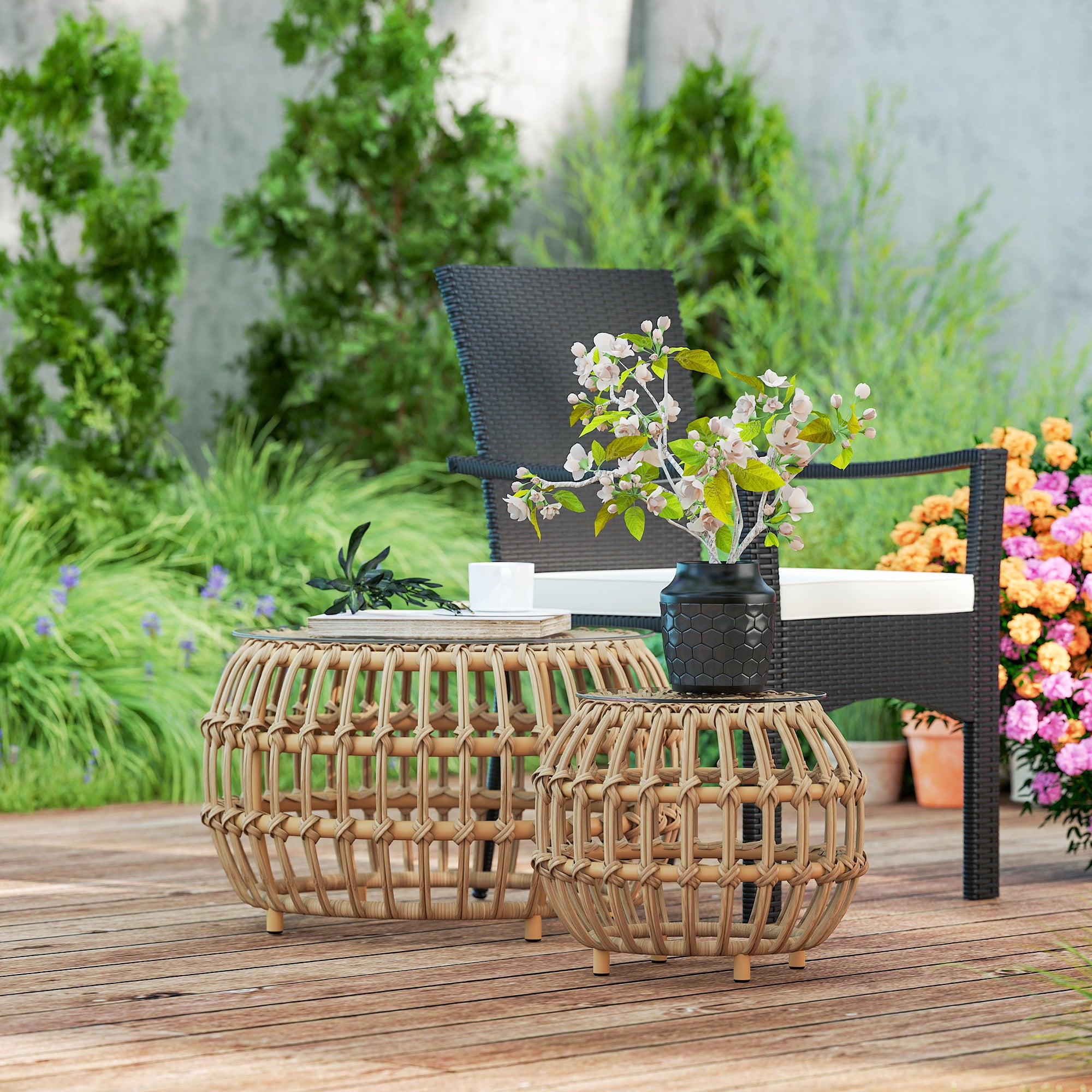 Outsunny 2-delige Set Bijzettafels Polyrattan Ø66/42 cm Rond Weerbestendig met Glazen Blad - Bruin