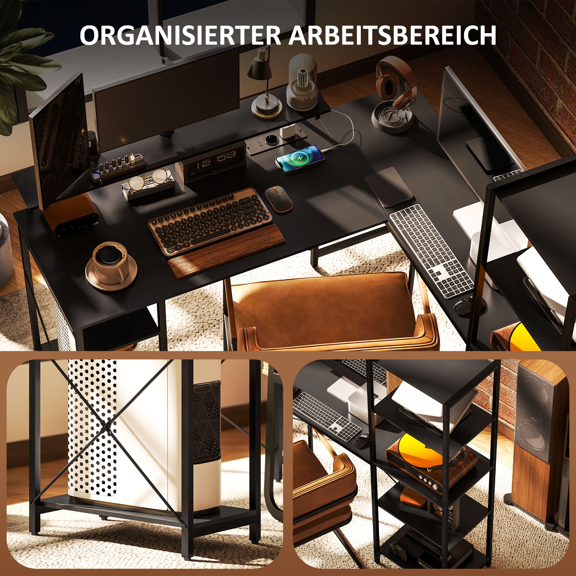 HOMCOM L-vormig Bureau met Oplaadstation, Hoek Computertafel met Monitorstandaard en Planken, voor Thuiswerkplek, Kantoor, Zwart