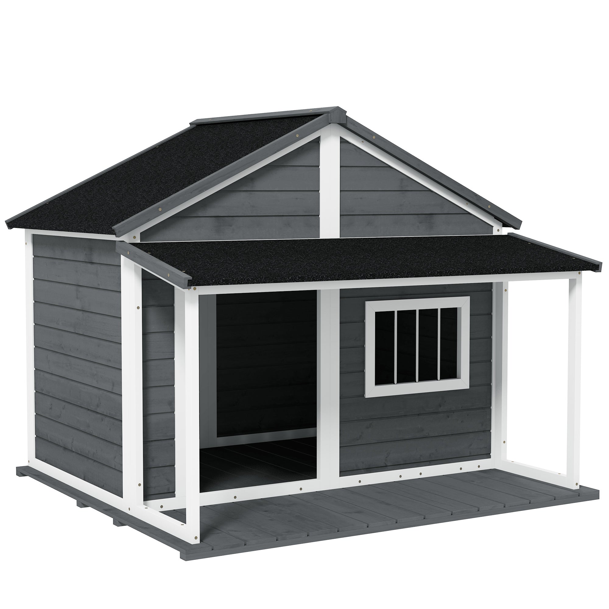 PawHut Hondenhok voor buiten - Inclusief veranda - Weerbestendig - 124 cm x 112 cm x 105 cm - Grijs + Wit