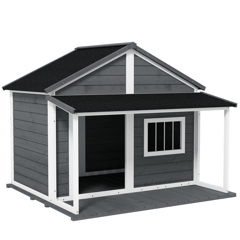 PawHut Hondenhok voor buiten - Inclusief veranda - Weerbestendig - 124 cm x 112 cm x 105 cm - Grijs + Wit