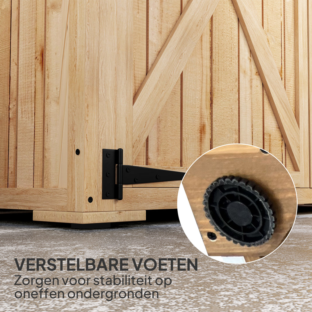 Outsunny Tuinopslagschuur, houten schuur voor gereedschap en tuinapparatuur, asfaltdak, dubbele deuren, sparrenhout, lichtbruin