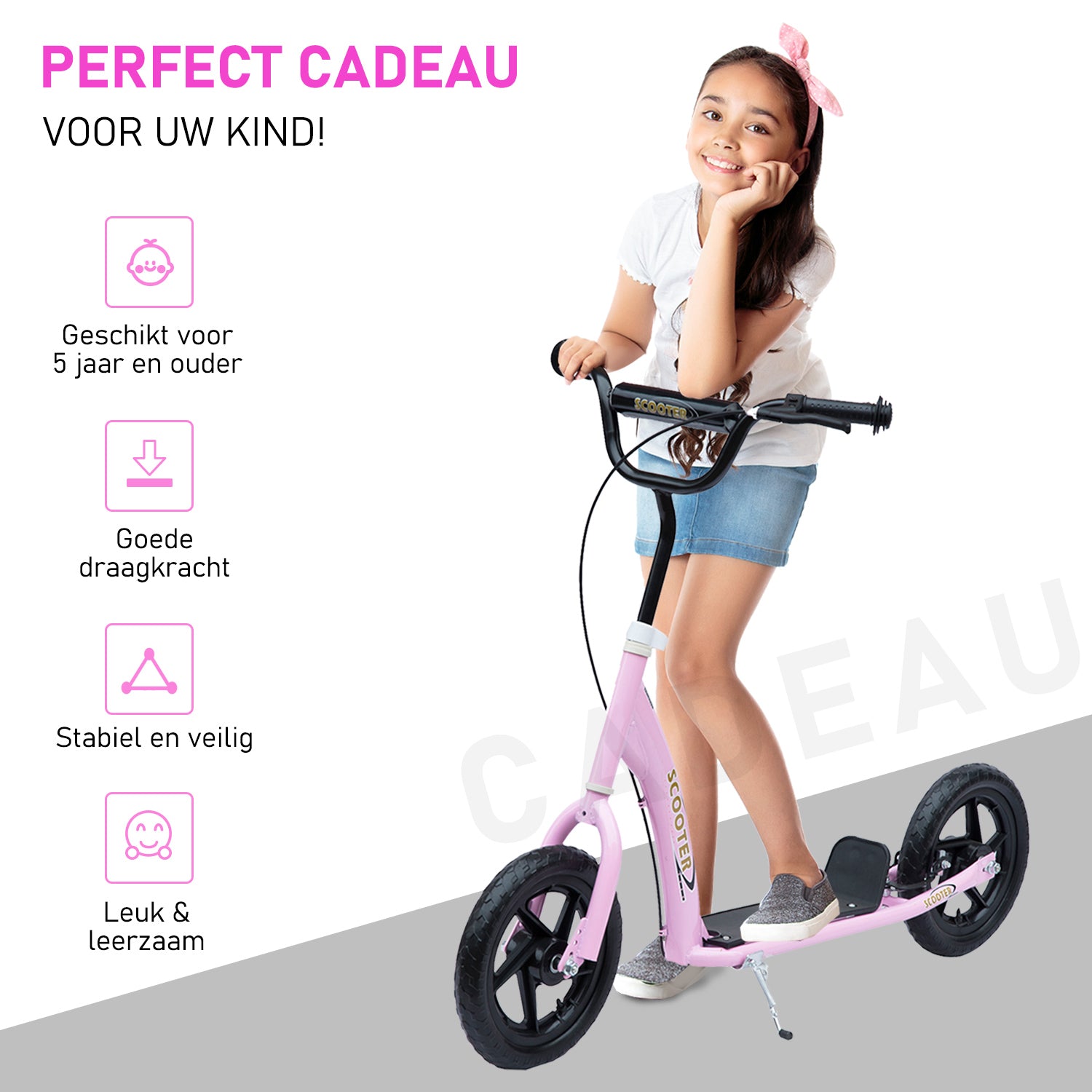 HOMCOM Step, Scooter voor Kinderen, met Handrem, Standaard, 12 Inch Wielen, vanaf 5 Jaar, Staal, Roze 120 x 52 x 88 cm