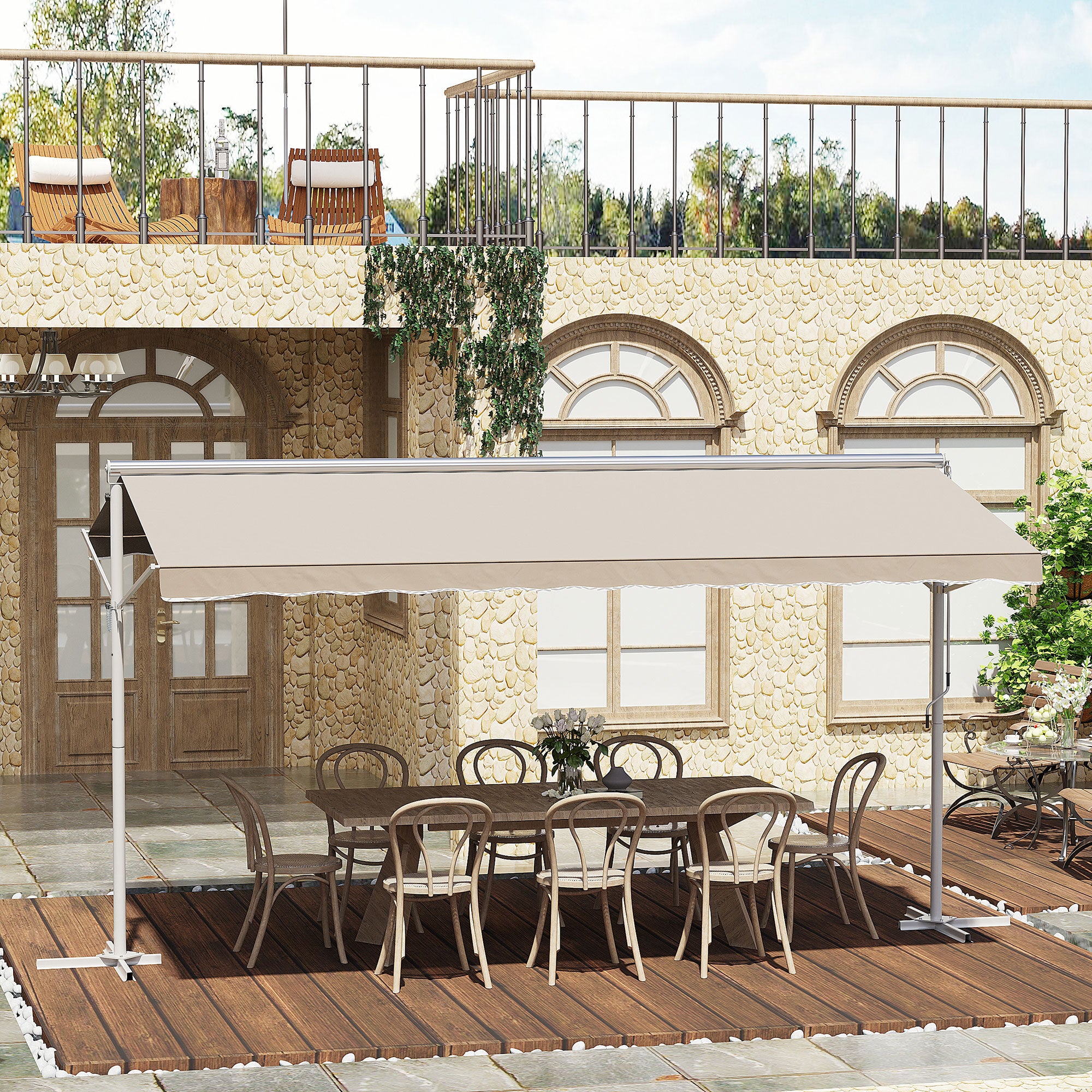 Outsunny Staande luifel met knikarm tuinluifel luifel zwengel crème 4,5 x 3,42 m