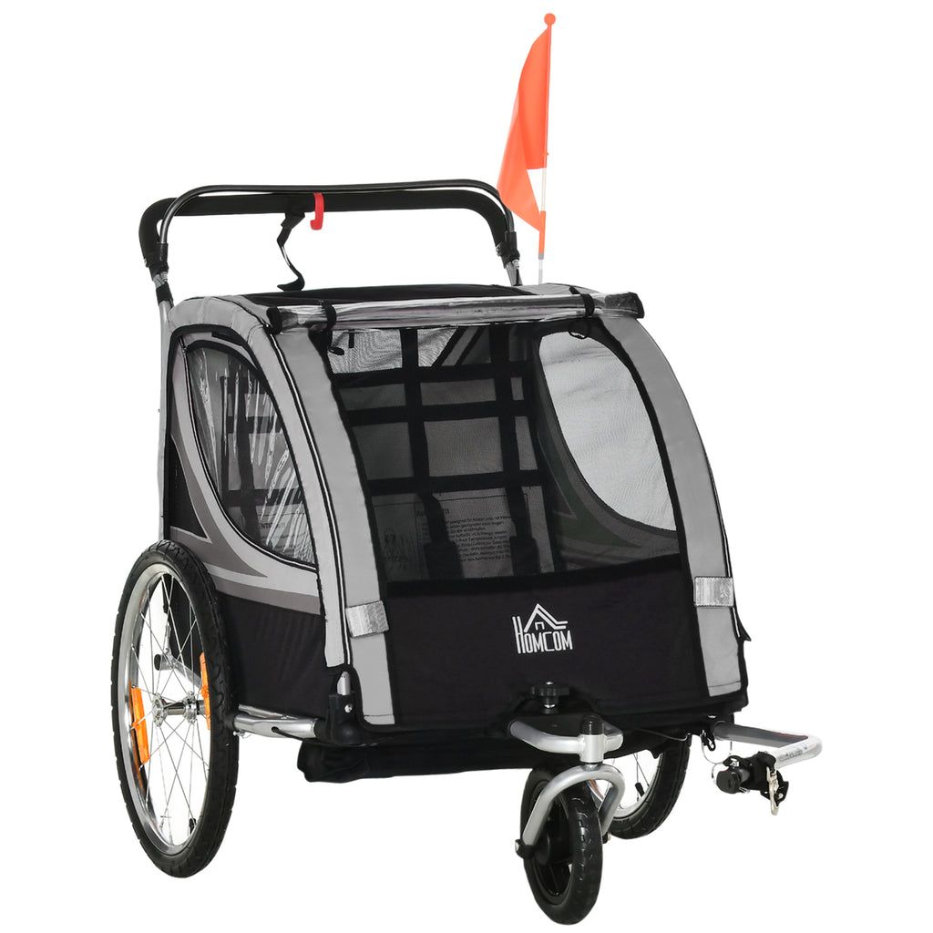 HOMCOM Kinderfietskar/Duwwagen met Remmen, Opvouwbaar, voor 2 Kinderen, Grijs/Zwart