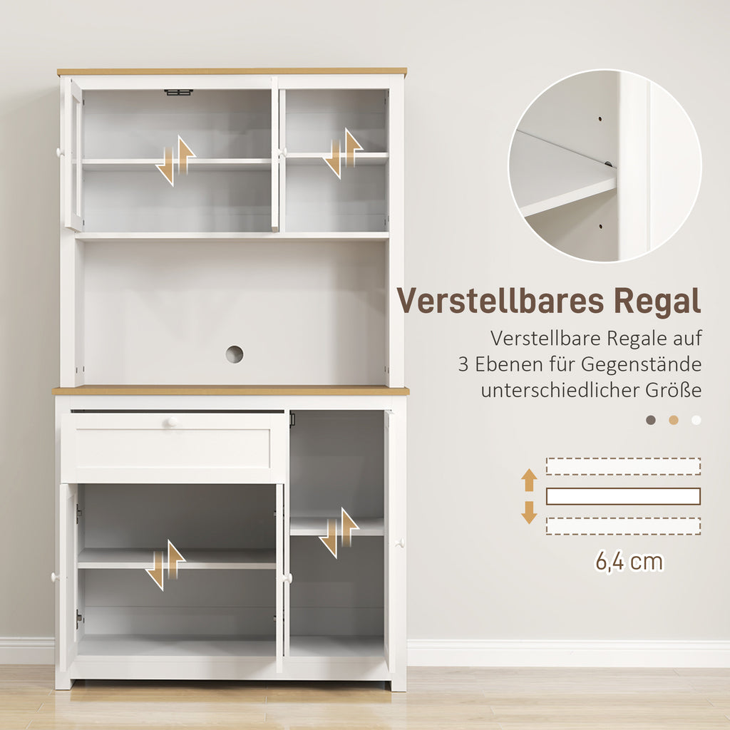 HOMCOM Landhuisstijl Keukenkast, 1 Vitrine, 1 Open Schap, 1 Lade, 2 Kasten, Natuur + Wit