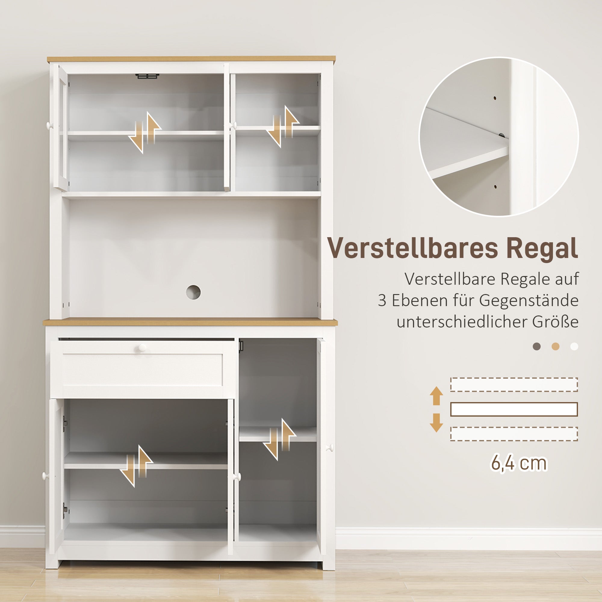 HOMCOM Landhuisstijl Keukenkast, 1 Vitrine, 1 Open Schap, 1 Lade, 2 Kasten, Natuur + Wit