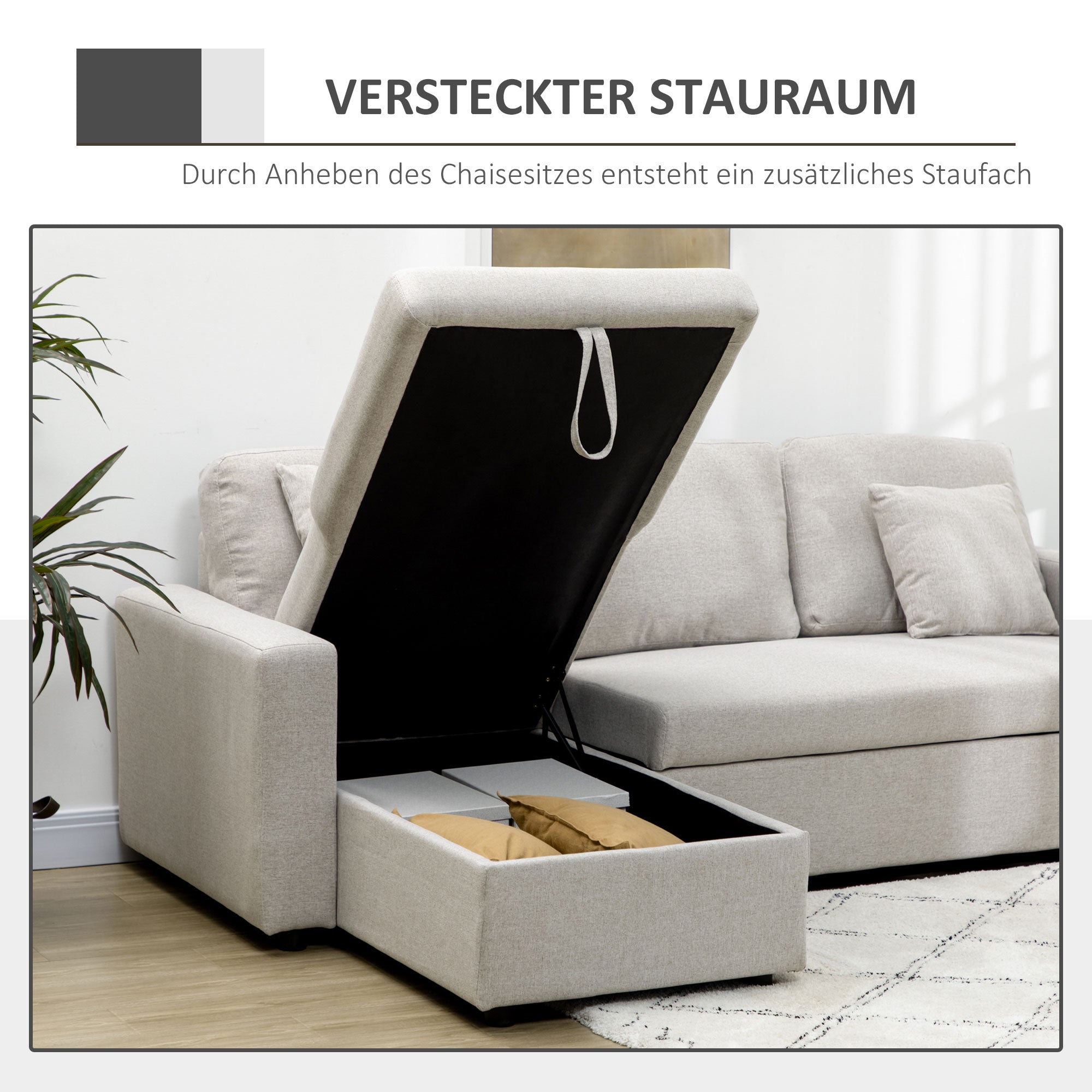 HOMCOM Slaapbank Hoekbank met Bedfunctie, inclusief 2-Zits Sofa, Eenpersoonsbed, L-vorm met Opbergruimte, 2 Kussens Crèmewit