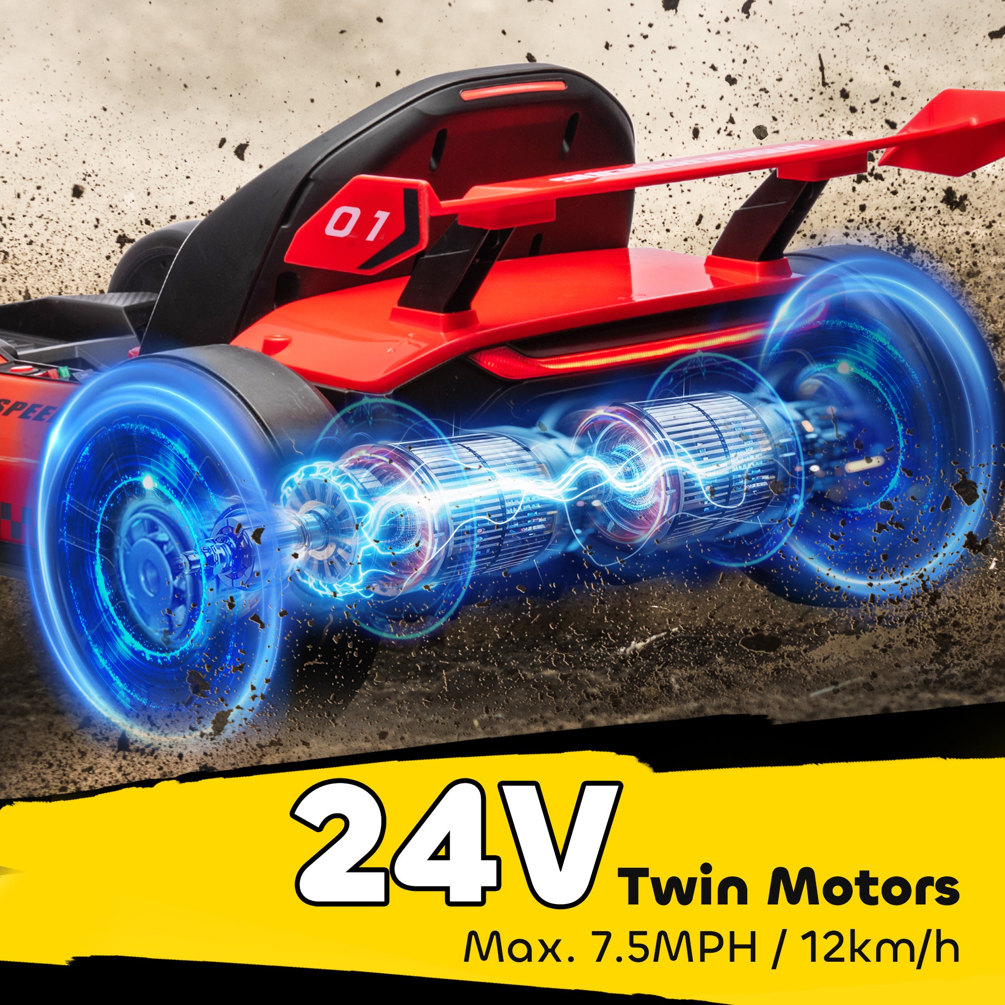 HOMCOM Go-Kart voor Kinderen, Elektrisch Kart met Toeter en Muziekfunctie, Verstelbare Stoel, tot 12 km/u, Kunststof, Metaal, Rood
