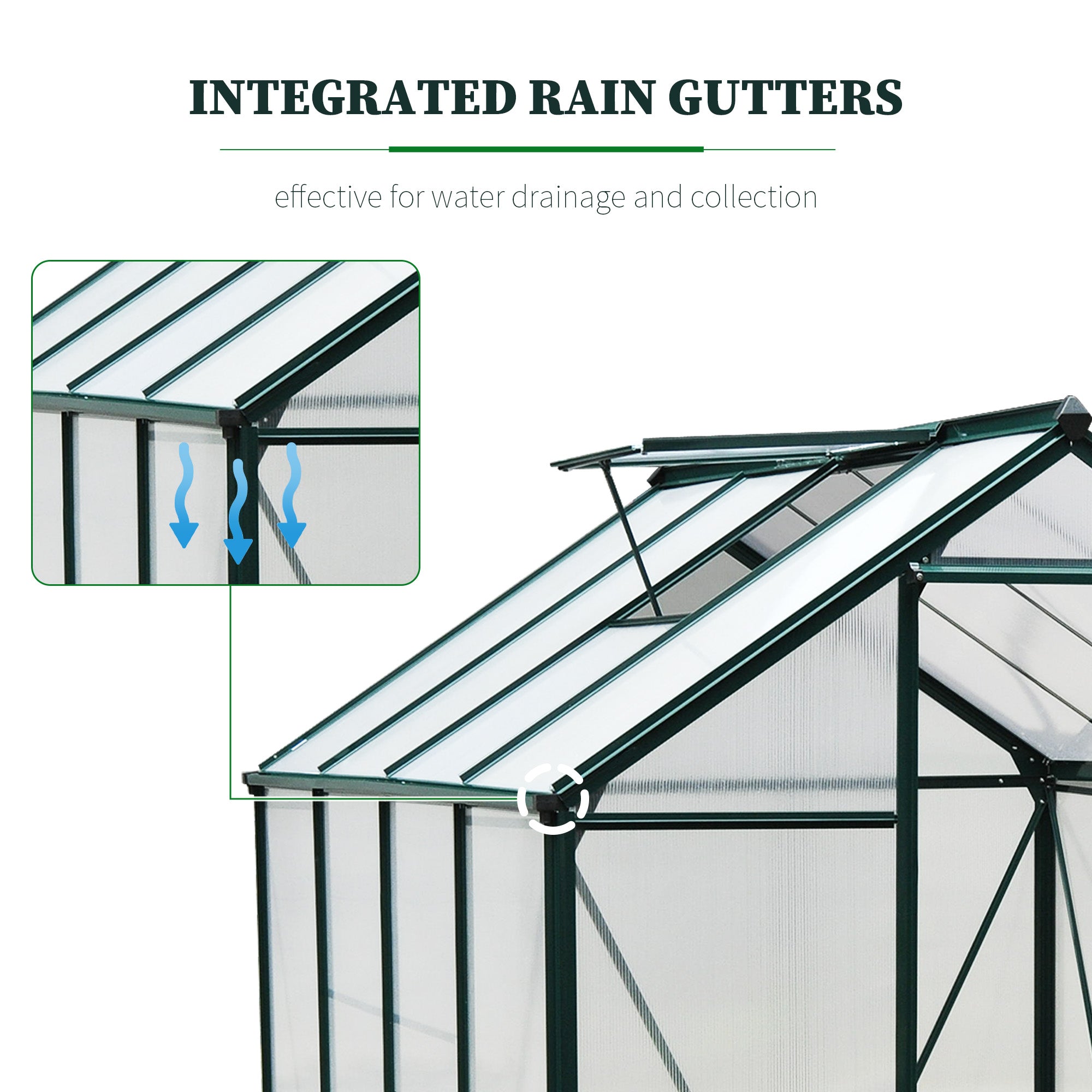 Outsunny kas met polycarbonaat behuizing en dakklep, 190x 252 x 201 cm