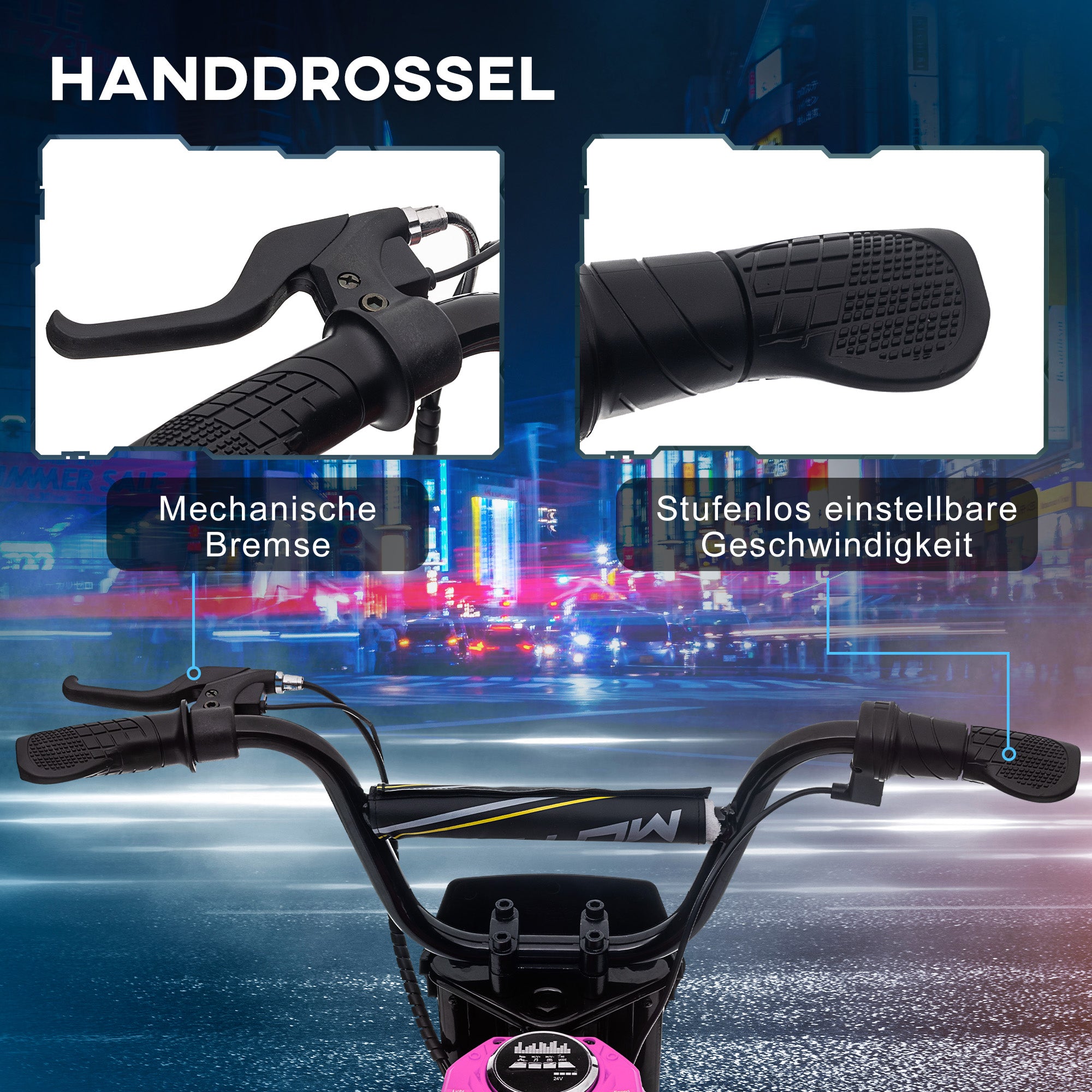 HOMCOM Kinderelektrische Motor, 24V Motorfiets met Claxon en Verlichting, Draaigashefboom, 8-16 km/u, 8-12 Jaar, Roze