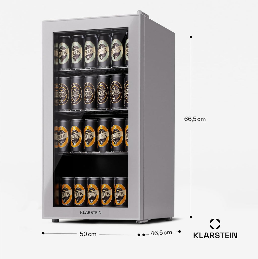 Klarstein Mini Koelkast met Glazen Deur voor Kamer, Drankenkoelkast met Verstelbare Planken, Klein 80 Liter, Indoor/Outdoor Koelkast Stil
