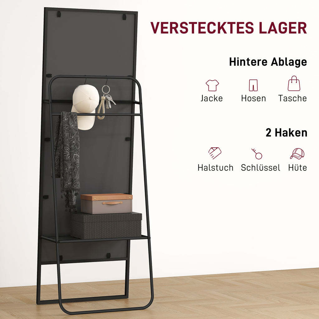 HOMCOM Volledige lichaamsspiegel, industrieel ontwerp, achterplank, 2 haken, metalen frame, voor slaapkamer, 157 x 50 cm, Zwart