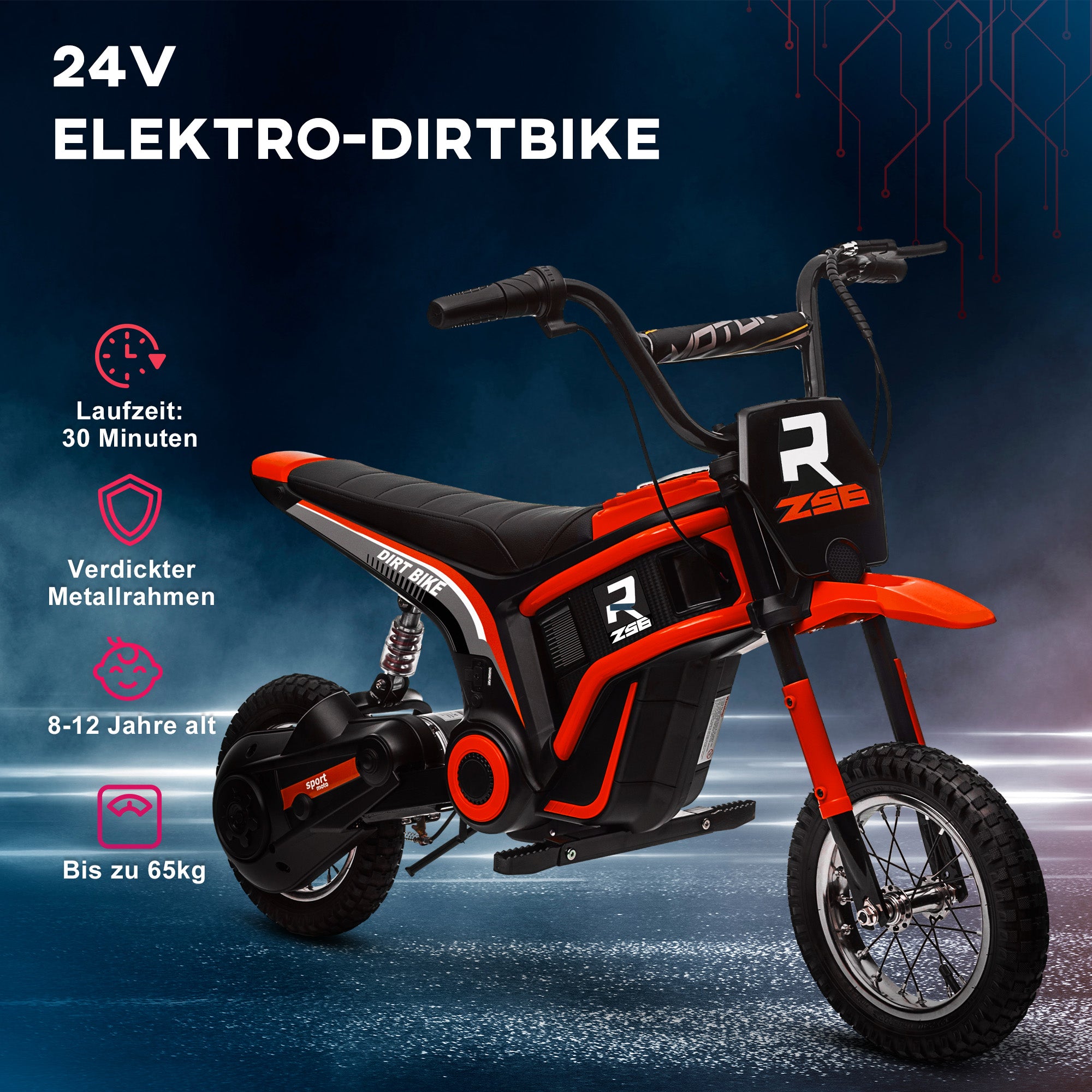 HOMCOM Elektrische Kindermotorfiets, 24V met Toeter en Verlichting, Draaigashendel, 8-16 km/u, 8-12 Jaar, Rood