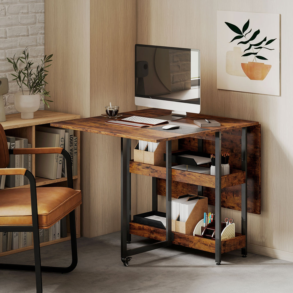 HOMCOM Inklapbare Eettafel in Industrieel Ontwerp, voor tot 4 Personen, Open Schappen, Flexibel, Metaal, Spaanplaat, Bruin