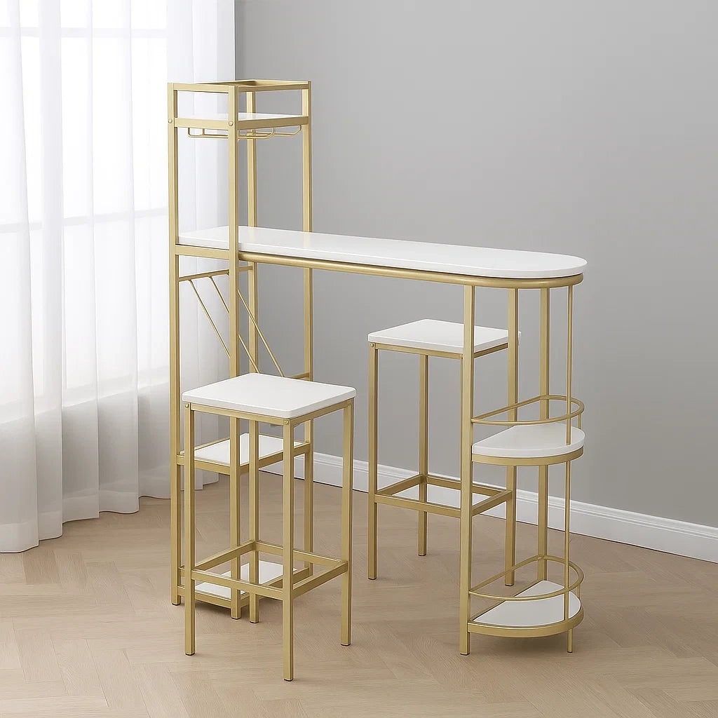 Barbord og skammelst, indeholder et bord og to stole, hvid, tr og metal, til indendrs brug