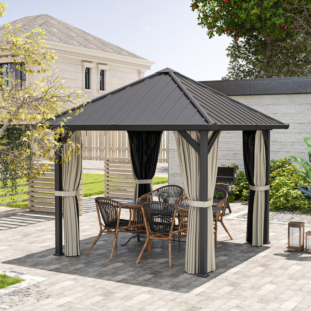 Outsunny 3 x 3m Harddak Paviljoen, Tuinpaviljoen met Metalen Dak, Waterbestendig Tuinzelt met Net en Zijwanden, Donkergrijs