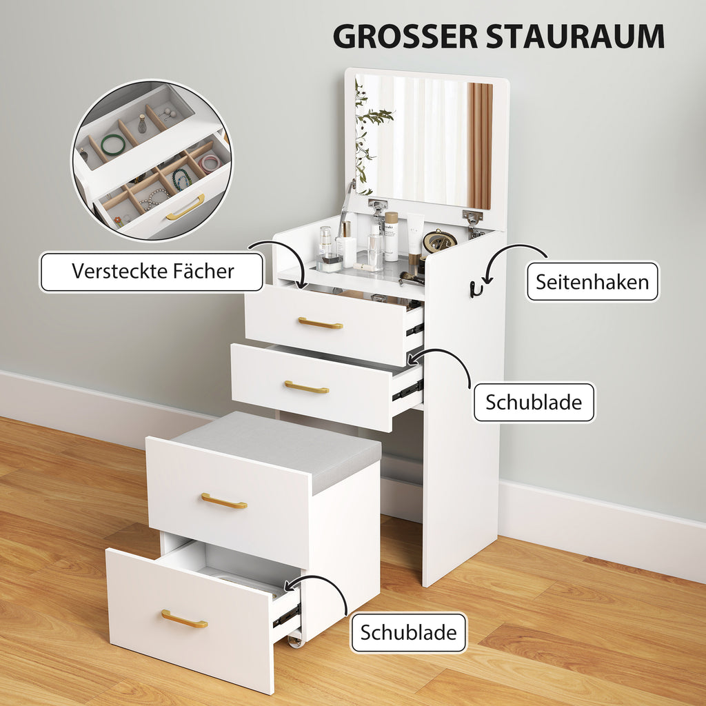 HOMCOM 3-in-1 Make-uptafel met Spiegel, Nachtkastje, Rollende Kruk, Lades, Wit
