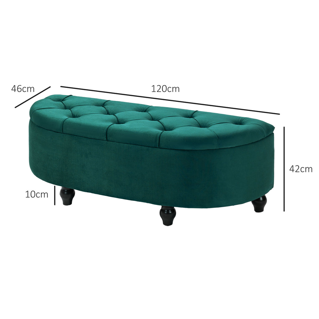 HOMCOM Kruk met Opbergruimte, 2-in-1 Poef, Gepolsterd, Fluwelen Bekleding, Hydraulische Dempers, 120 x 46 x 42 cm, Donkergroen