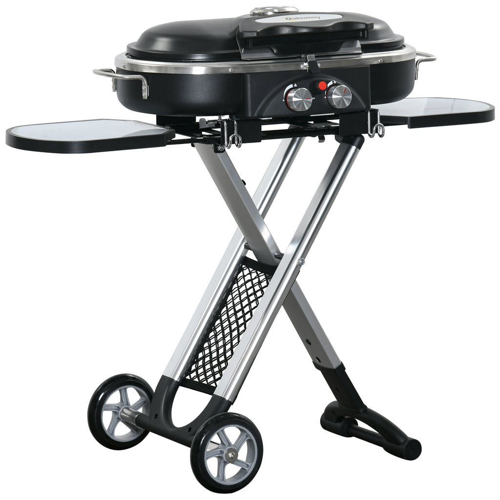 Outsunny Grillkar, inklapbaar, opbergrek, vetopvangbak, roestvrij, aluminium, 100 x 41,6 x 82,5 cm, zwart/zilver